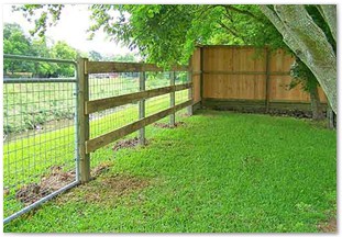 Privacy cedar side fence with rear wire panel pet fence and gateway